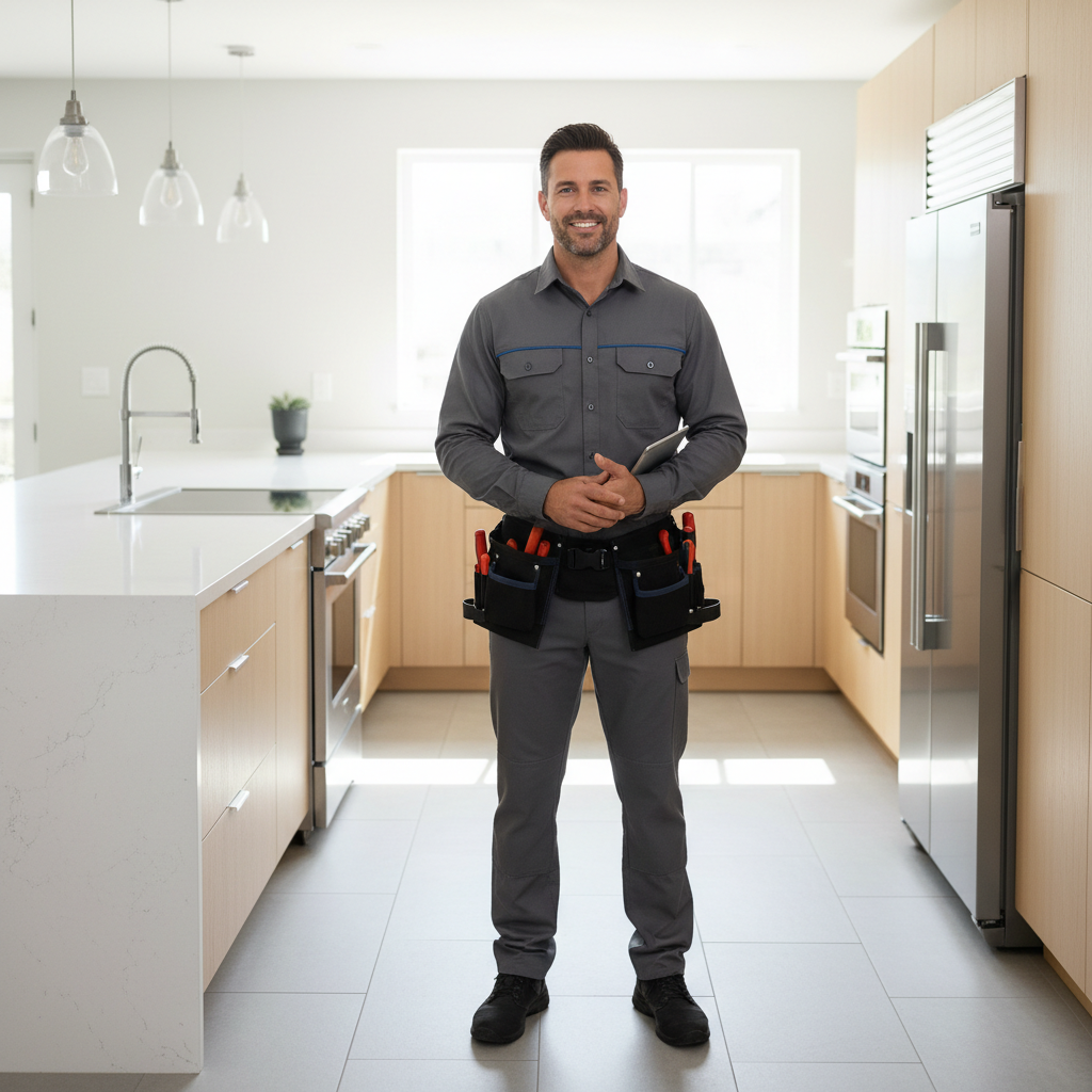 Smiling appliance repair technician in a modern kitchen