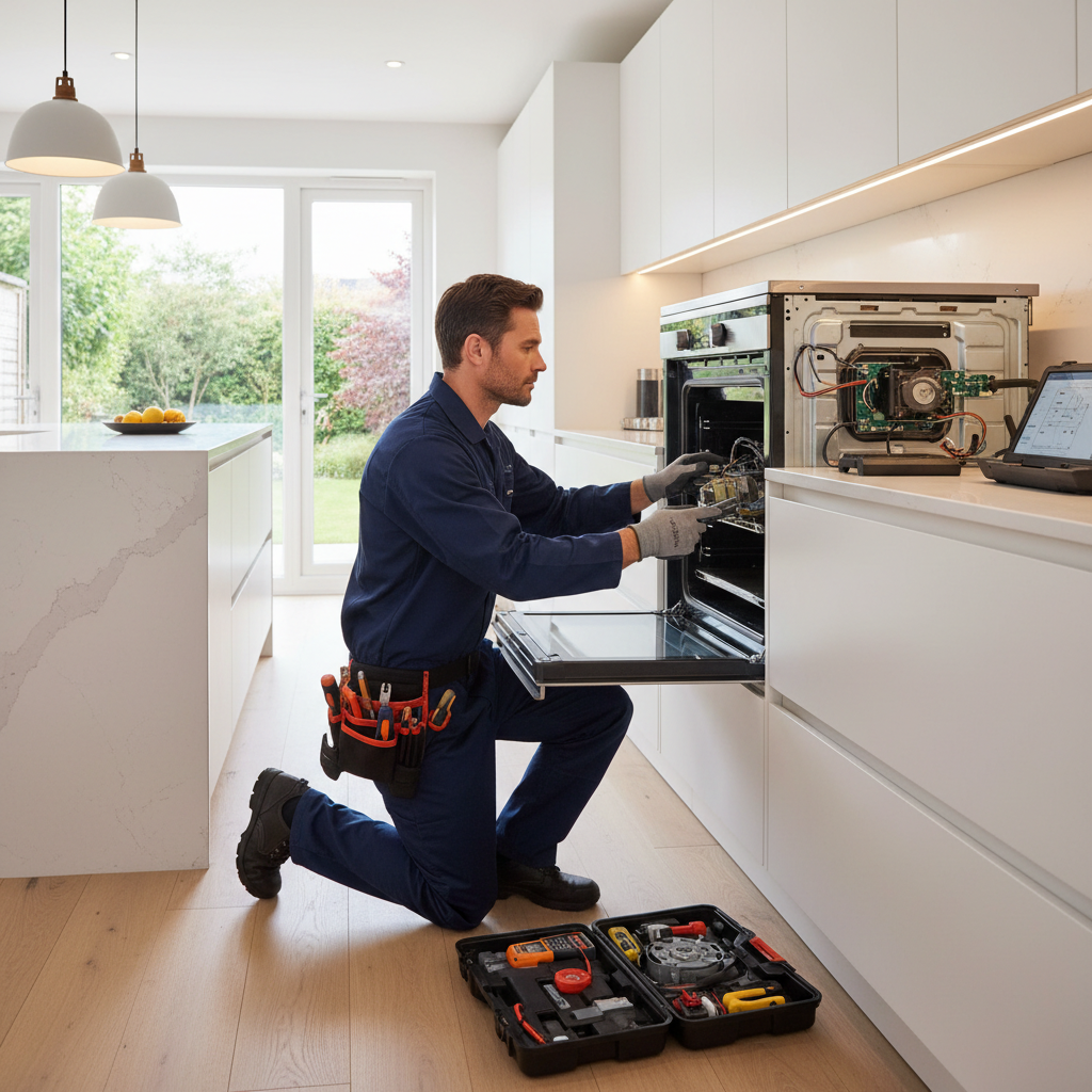 Technician repairing a built-in oven in a bright kitchen